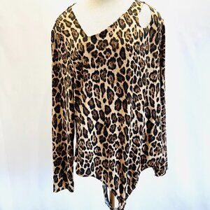 NWT INTEMPO Women Long Sleeve Leopard Print Thong Bodysuit Top Shirt Plus Sz 3X